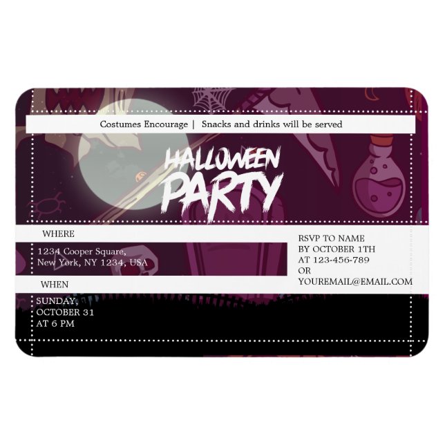 Imán Funky Purple Halloween Spooky Fiesta Ticket (Horizontal)