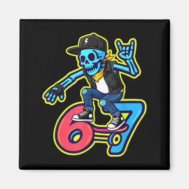 Imán Funny 67 Skeleton Skater Meme Retro Skateboarding  (Frente)