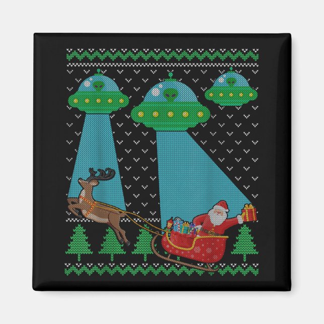 Imán Funny Alien Ufo Santa Sleigh Ugly Christmas Sweate (Frente)