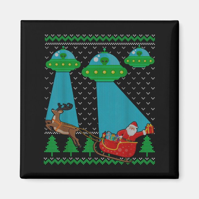 Imán Funny Alien Ufo Santa Sleigh Ugly Christmas Sweate (Frente)