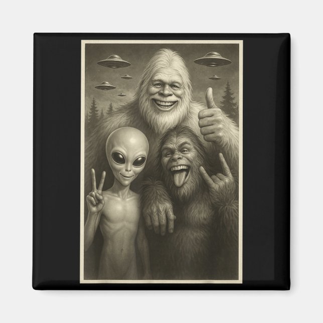 Imán Funny Bigfoot, Alien, &amp; Yeti Sasquatch Rock On (Frente)