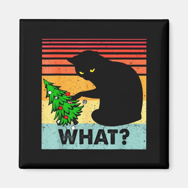 Imán Funny Black Cat Gift Pushing Christmas Tree Over C (Frente)