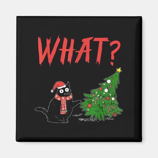 Imán Funny Black Cat Gift Pushing Christmas Tree Over C (Frente)