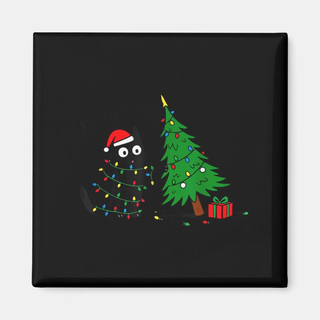 Imán Funny Black Cat Pushing 67 Christmas Tree Over Cat (Frente)