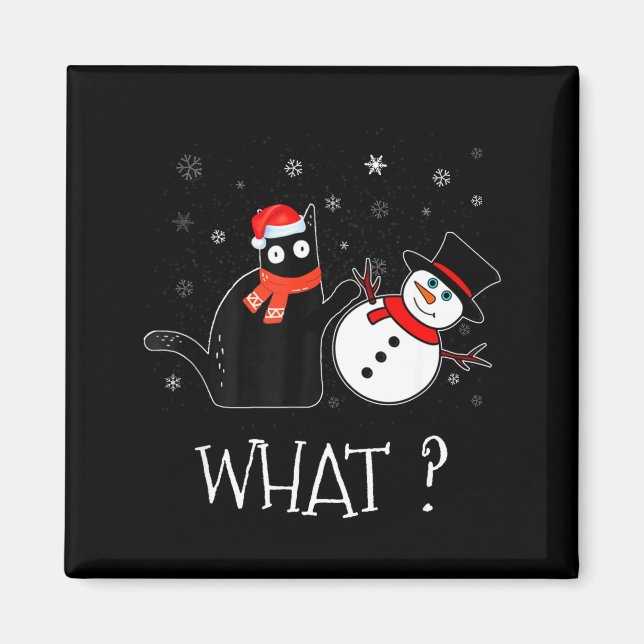 Imán Funny Black Cat Pushing Snowman Christmas Winter C (Frente)