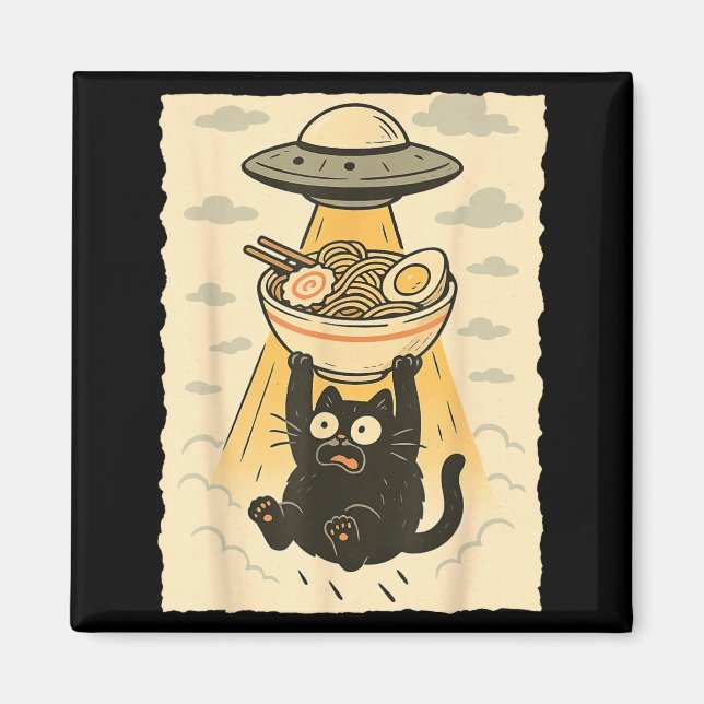 Imán Funny Black Cat Ufo Ramen Alien Abduction Graphic  (Frente)