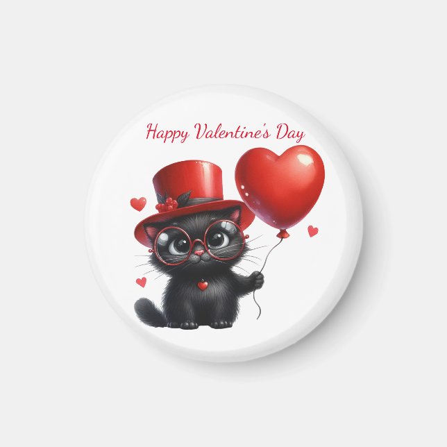Imán Funny Black Cat With Balloons Valentine's Day (Frente)