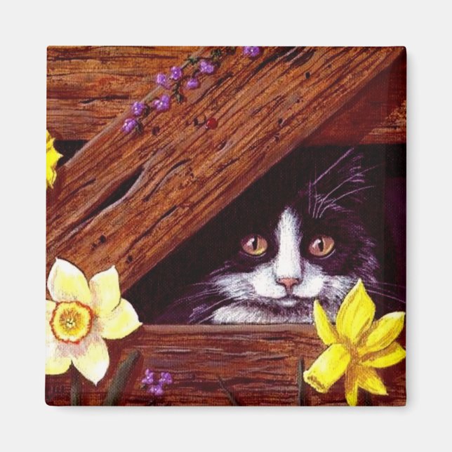 Imán Funny Black White Cat Daffodils Creationarts (Frente)