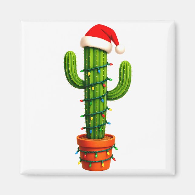 Imán Funny Cactus Santa Hat Xmas Tree Lights Merry Chri (Frente)