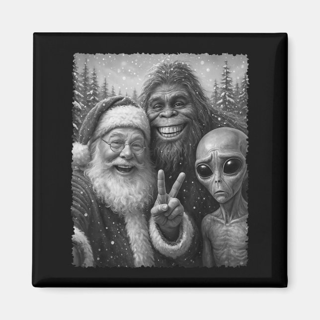 Imán Funny Cat Christmas Bigfoot Alien Santa Snow Selfi (Frente)