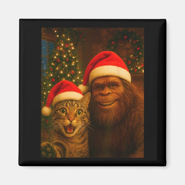 Imán Funny Cat Selfie With Bigfoot Christmas Sasquatch  (Frente)