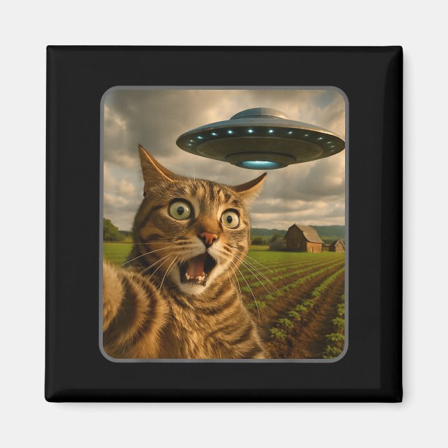Imán Funny Cat Selfie With Ufo Alien Meme  (Frente)