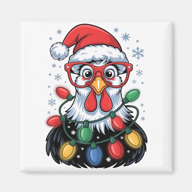Imán Funny Chicken Christmas Tree Lights Santa Hat Xmas (Frente)