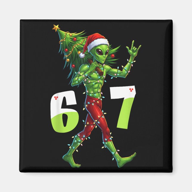 Imán Funny Christmas Alien Six Seven Meme 67 Santa Hat  (Frente)