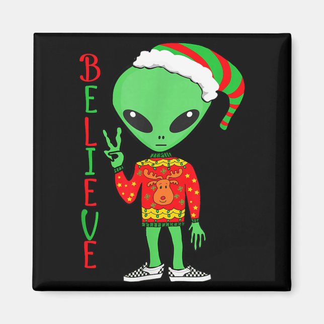 Imán Funny Christmas Alien Ugly Sweater I Believe Santa (Frente)