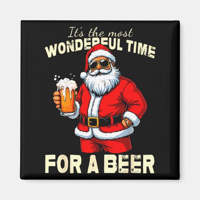 Imán Funny Christmas Santa Drinking Beer Wonderful Time (Frente)