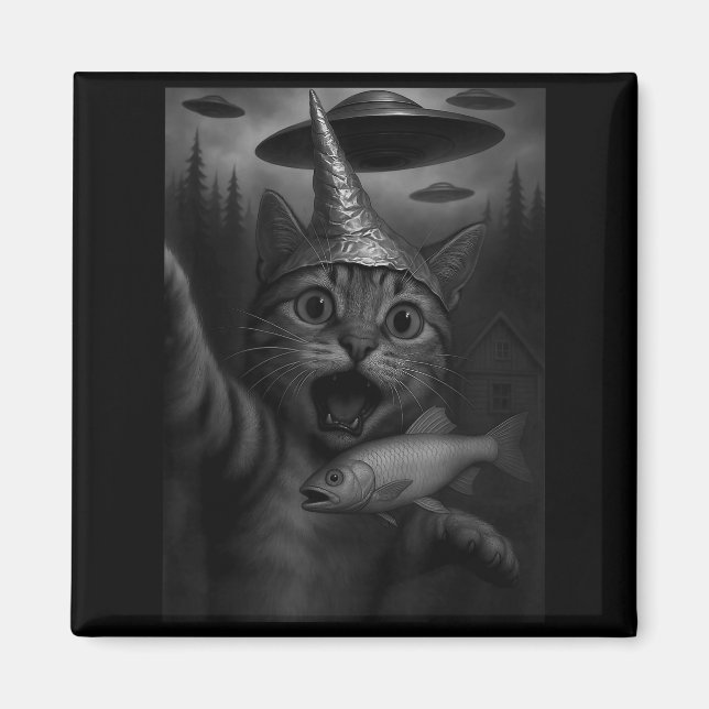 Imán Funny Consracy Cat In Tin Foil Hat Panics At Alien (Frente)