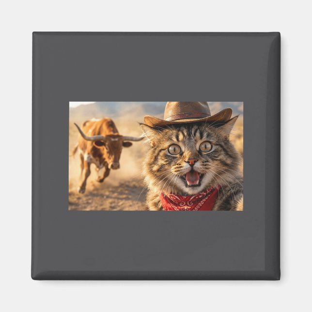 Imán Funny Cowboy Cat Selfie With Charging Bull Western (Frente)