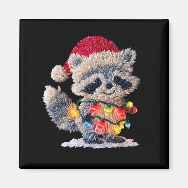 Imán Funny Crochet Christmas Raccoon Xmas Lights Girly  (Frente)