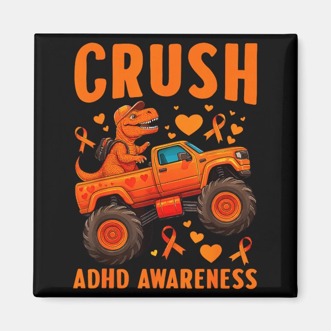 Imán Funny Crush Adhd Awareness T-rex Monster Truck Kid (Frente)