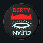 Imán Funny Devil Angel Dirty Clean Round Dishwasher<br><div class="desc">Featuring cartoon red devil's horns for Dirty and a light blue halo for Clean, this cute funny Christian-themed clean-dirty humorous dishwasher magnet, is perfect for the church kitchen, or your own! Makes a neat gift for your pastor or a Christian friend! May have special appeal to churchgoers for use in...</div>