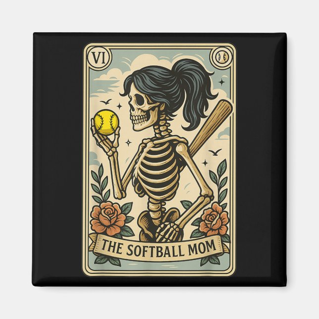 Imán Funny Halloween Softball Mama Skeleton Tarot C (Frente)