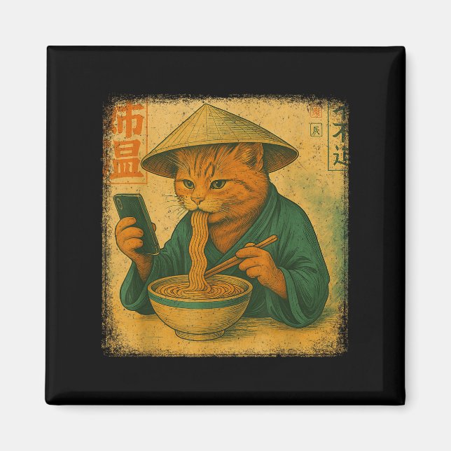 Imán Funny Japanese Cat Eat Ramen And Scroll Phone Anim (Frente)
