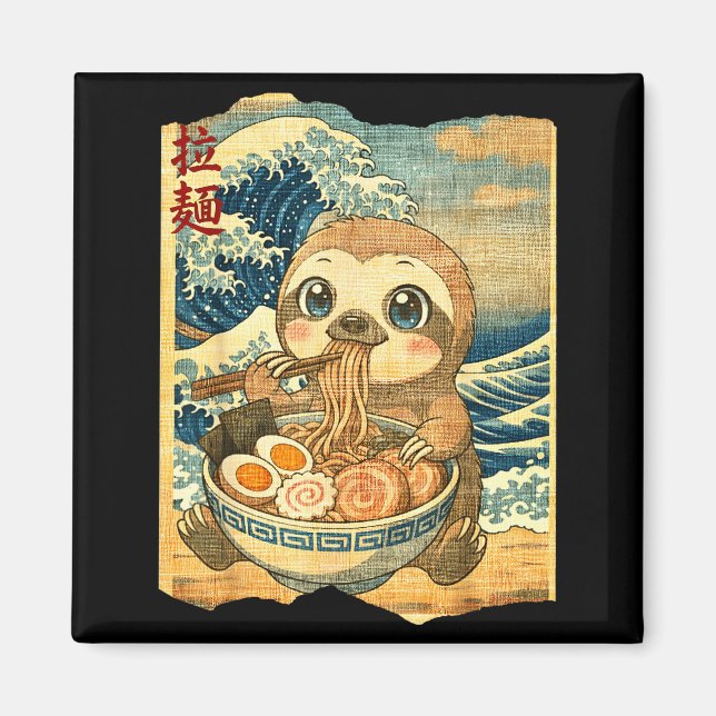 Imán Funny Kawaii Sloth Ramen Noodle Bowl Japanese Wave (Frente)