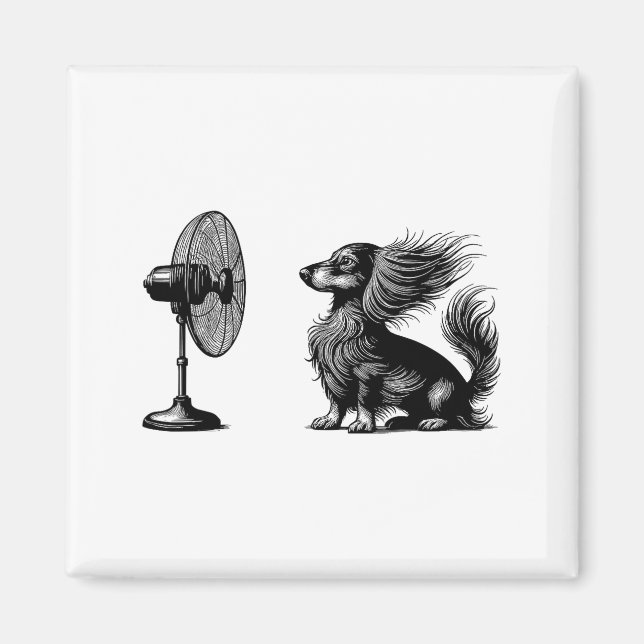 Imán Funny Long Haired Dachshund Dog With Fan Doxie Wie (Frente)