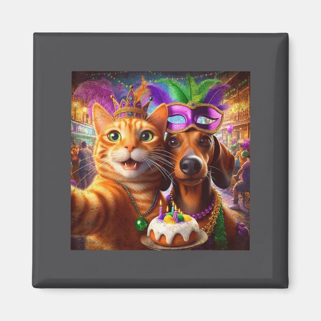 Imán Funny Mardi Gras Cat Dachshund Selfie Squad  (Frente)