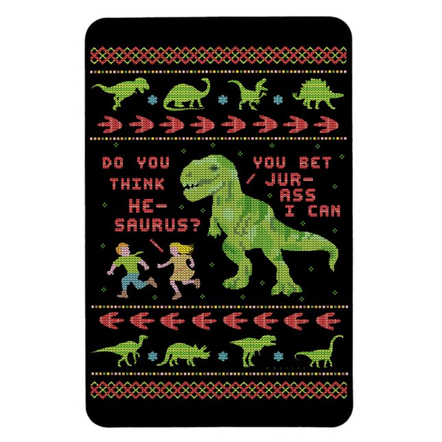 Imán Funny Navidades Rex Dinosaur Pun Humor Faux Knit (Vertical)
