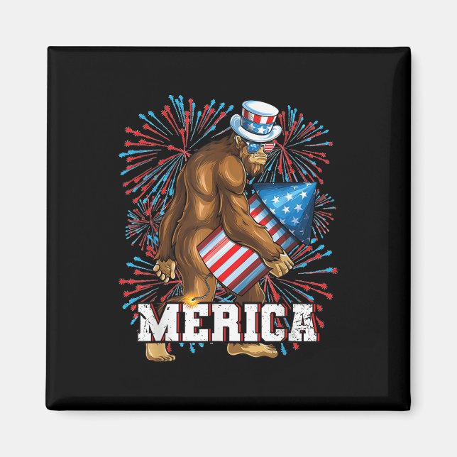 Imán Funny Patriot Sasquatch Bigfoot Fuegos artificiale (Frente)