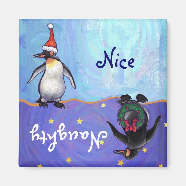 Imán Funny Penguin Naughty Nice Holiday Magnet (Frente)