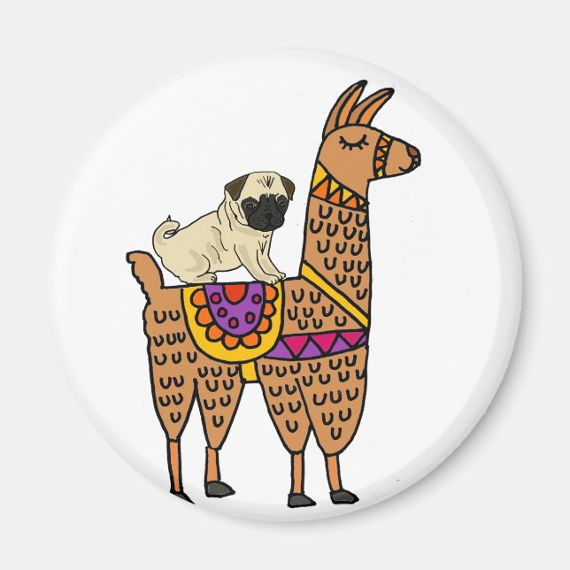 Imán Funny Pug Dog Riding Llama Personalizado (Frente)