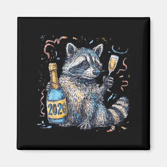 Imán Funny Raccoon With Champagne Disco Ball New Years  (Frente)