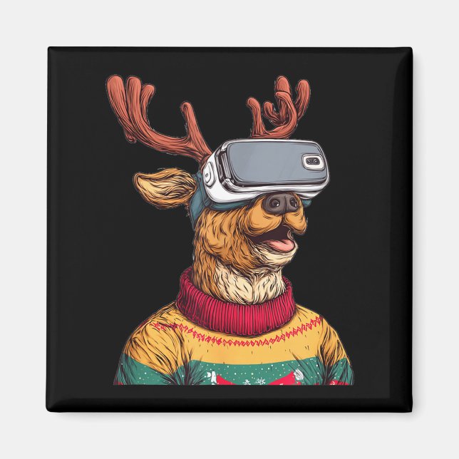 Imán Funny Reindeer In Christmas Sweater And Vr Headset (Frente)
