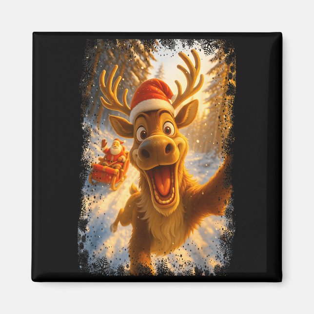 Imán Funny Reindeer Selfie Santa Merry Christmas Men Wo (Frente)