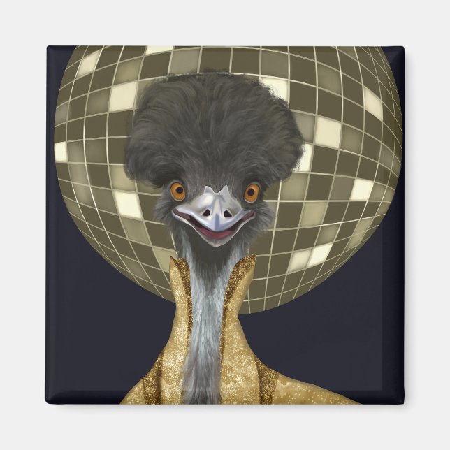Imán Funny Retro Golden Disco Ball Emu Bird (Frente)