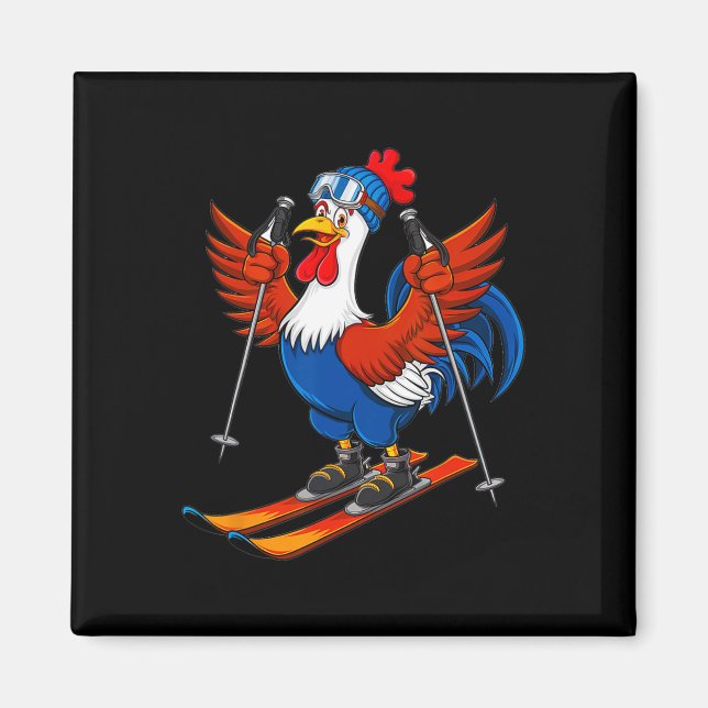Imán Funny Rooster Skiing Adventure Cartoon  (Frente)