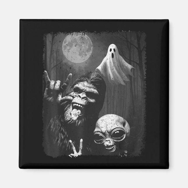 Imán Funny Sasquatch &amp; Alien Rock On Hand Sign Ghos (Frente)