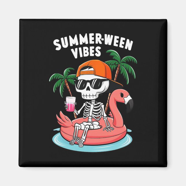 Imán Funny Skeleton Flamingo Summerween Vibes Halloween (Frente)