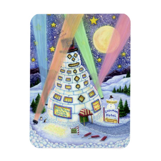 IMÁN FUNNY SNOWMAN HOTEL, LUCES DEL NORTE Y PENGUINOS (Vertical)