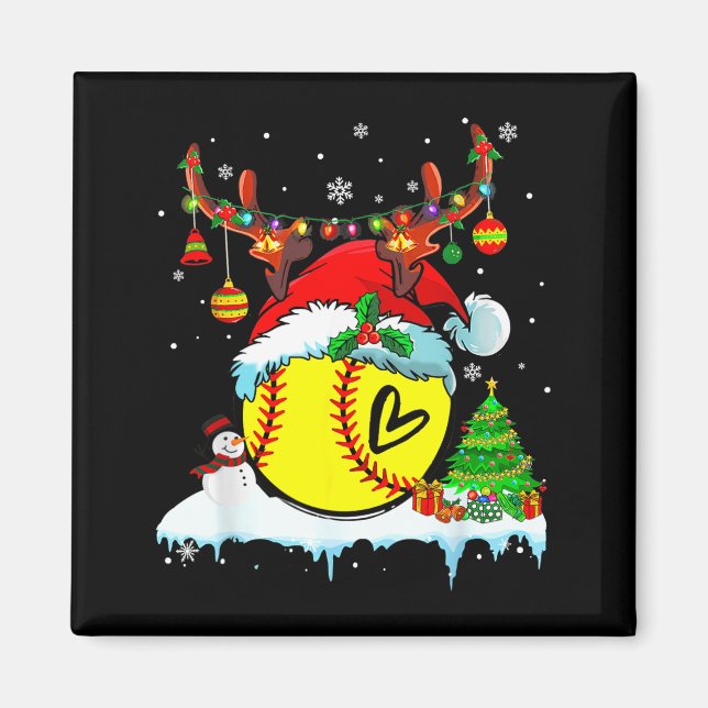 Imán Funny Softball Christmas Reindeer Santa Hat Lights (Frente)