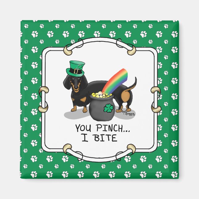 Imán Funny St. Patrick's Day Dachshund (negro y broncea (Frente)