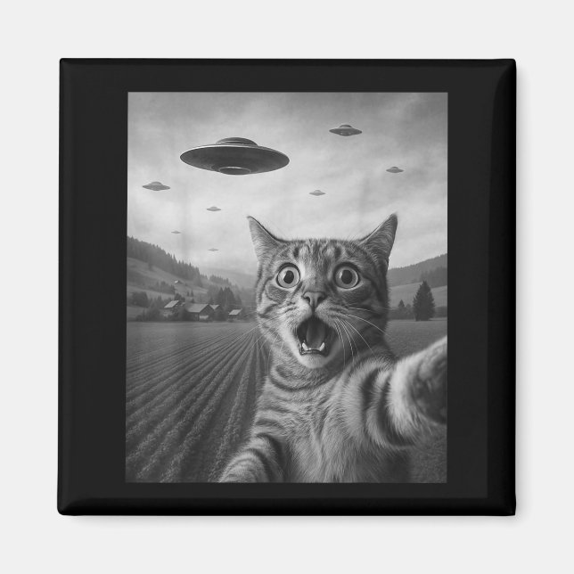 Imán Funny Surprised Ed Cat Selfie With Alien Ufo Cat U (Frente)