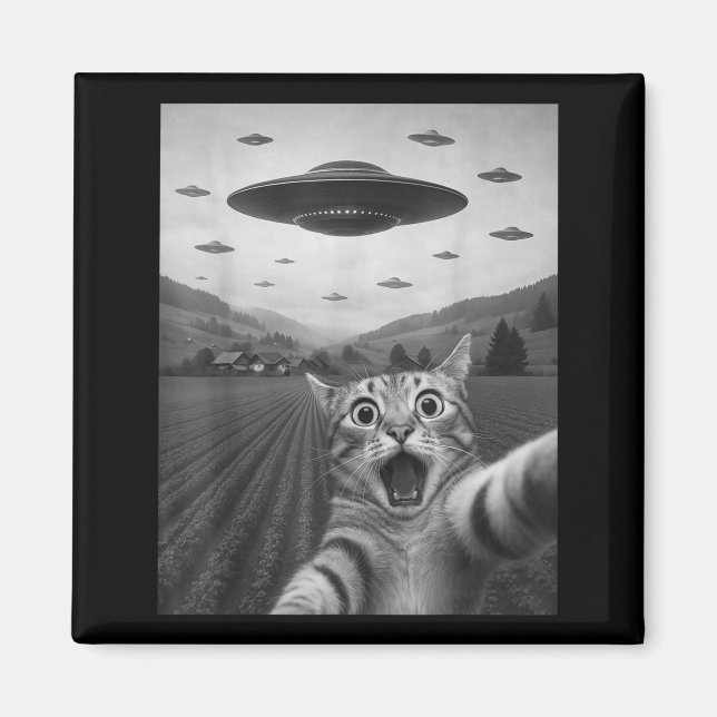 Imán Funny Surprised Ed Cat Selfie With Alien Ufo Cat U (Frente)