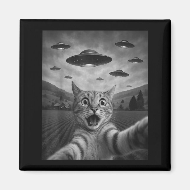 Imán Funny Surprised Ed Cat Selfie With Alien Ufo Cat U (Frente)