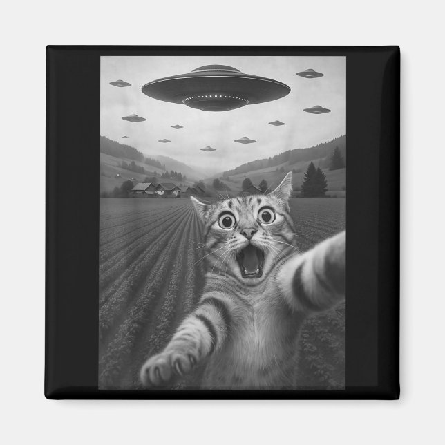 Imán Funny Surprised Ed Cat Selfie With Alien Ufo Cat U (Frente)
