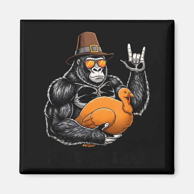 Imán Funny Thanksgiving Gorilla Holding Turkey Lgrim Ha (Frente)
