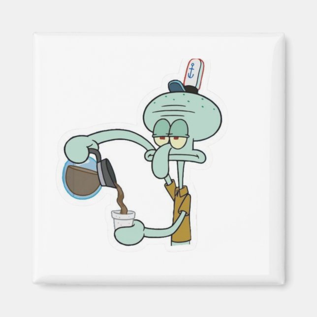 Imán Funny Tired Squidward Pouring Coffee Mug - Morning (Frente)